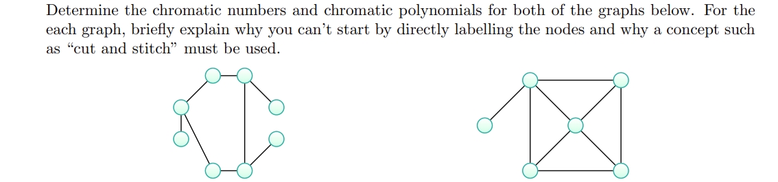 Determine the chromatic numbers and chromatic polynomials for both of the graphs below. For the
each graph, briefly explain why you can't start by directly labelling the nodes and why a concept such
as "cut and stitch" must be used.
