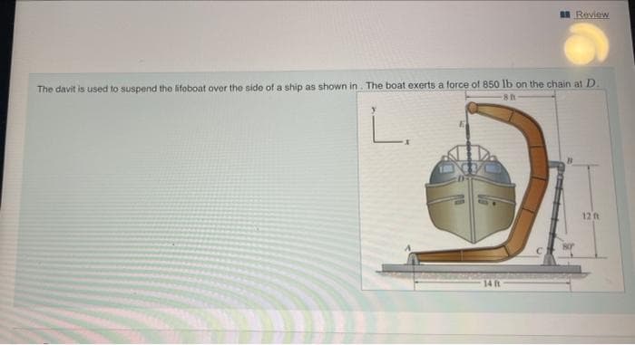 Bn Review
The davit is used to suspend the lifeboat over the side of a ship as shown in. The boat exerts a force of 850 lb on the chain at D.
12 ft
14 ft
