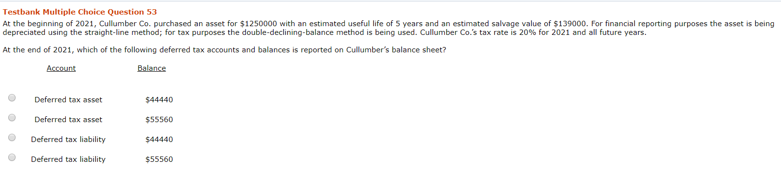 Testbank Multiple Choice Question 53
At the beginning of 2021, Cullumber Co. purchased an asset for $1250000 with an estimated useful life of 5 years and an estimated salvage value of $139000. For financial reporting purposes the asset is being
depreciated using the straight-line method; for tax purposes the double-declining-balance method is being used. Cullumber Co.'s tax rate is 20% for 2021 and all future years.
At the end of 2021, which of the following deferred tax accounts and balances is reported on Cullumber's balance sheet?
Account
Balance
Deferred tax asset
$44440
Deferred tax asset
$55560
Deferred tax liability
$44440
Deferred tax liability
$55560
