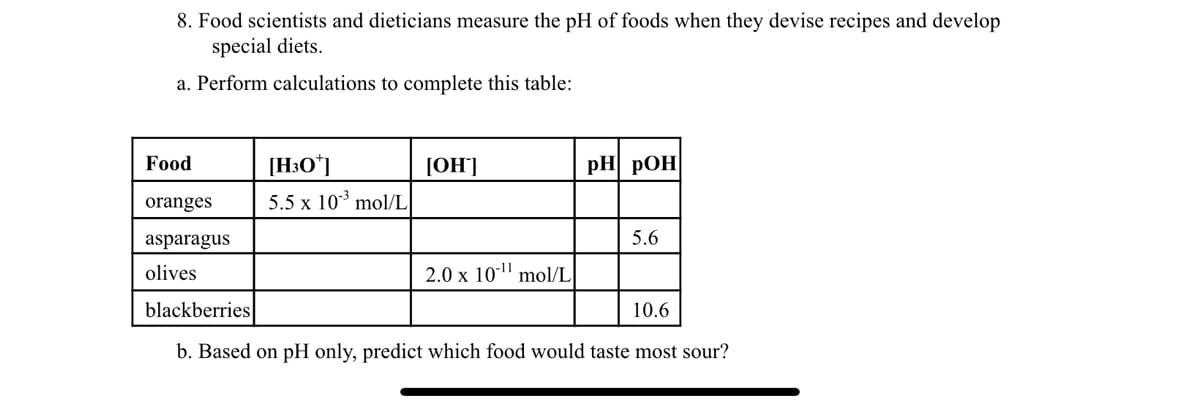 8. Food scientists and dieticians measure the pH of foods when they devise recipes and develop
special diets.
a. Perform calculations to complete this table:
Food
[H3O*]
[OH']
pH pOH
oranges
5.5 x 103 mol/L
asparagus
5.6
olives
2.0 x 101' mol/L
blackberries
10.6
b. Based on pH only, predict which food would taste most sour?
