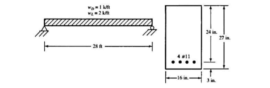 "D =1 k/ft
WL = 2 k/ft
24 in.
27 in.
28 ft
4 #11
-16 in.
3 in.
