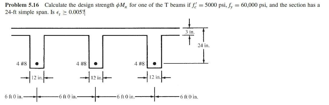 = 5000 psi, f, = 60,000 psi, and the section has a
Problem 5.16 Calculate the design strength øM, for one of the T beams if f!
24-ft simple span. Is e, > 0.005?|
3 in.
24 in.
4 #8
4 #8
4 #8
12 in.
12 in.
12 in.
6 ft 0 in.
6 ft 0 in.
6 ft 0 in.
6 ft 0 in.
