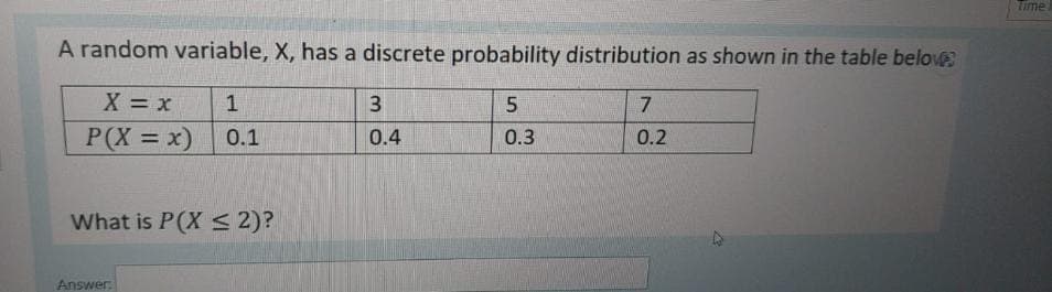 A random variable, X, has a discrete probability distribution as shown in the table belove
5
0.3
X = x
P(X = x)
1
0.1
What is P(X ≤ 2)?
Answer:
3
0.4
7
0.2
Time