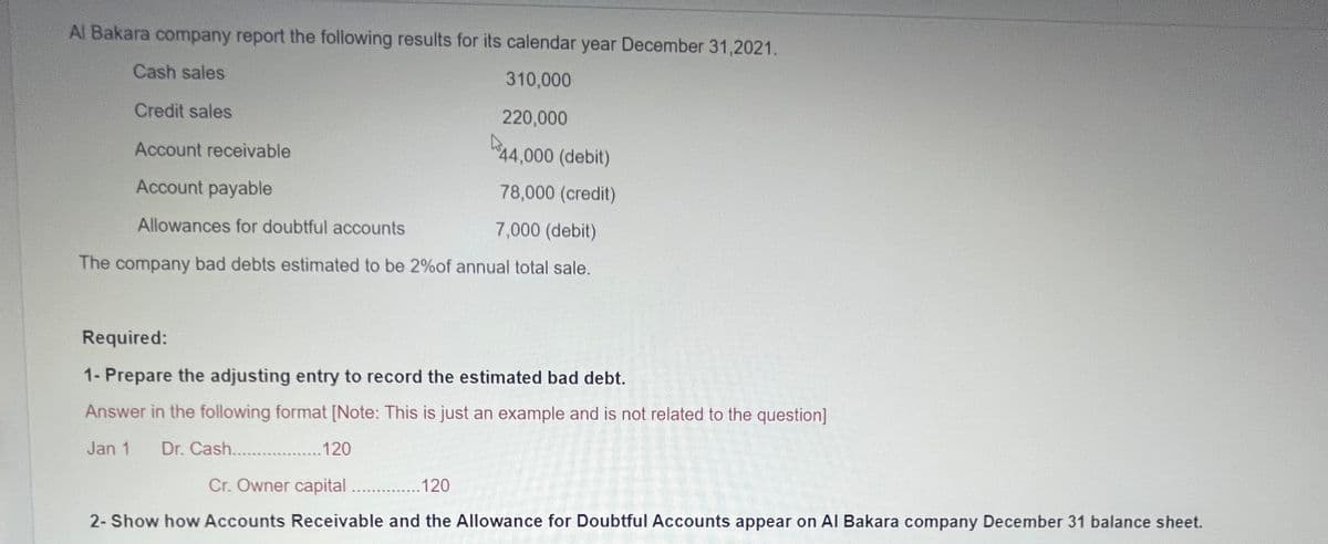 Al Bakara company report the following results for its calendar year December 31,2021.
Cash sales
310,000
Credit sales
220,000
Account receivable
44,000 (debit)
Account payable
78,000 (credit)
Allowances for doubtful accounts
7,000 (debit)
The company bad debts estimated to be 2%of annual total sale.
Required:
1- Prepare the adjusting entry to record the estimated bad debt.
Answer in the following format [Note: This is just an example and is not related to the question]
Jan 1 Dr. Cash.........
.120
Cr. Owner capital ..............120
2- Show how Accounts Receivable and the Allowance for Doubtful Accounts appear on Al Bakara company December 31 balance sheet.