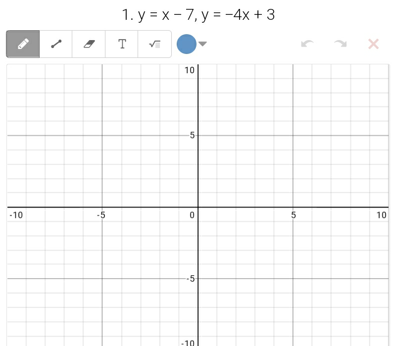 1. у %3Dх-7, у %3D-4х + 3
T
10
-5
-10
-5
10
--5-
-10
