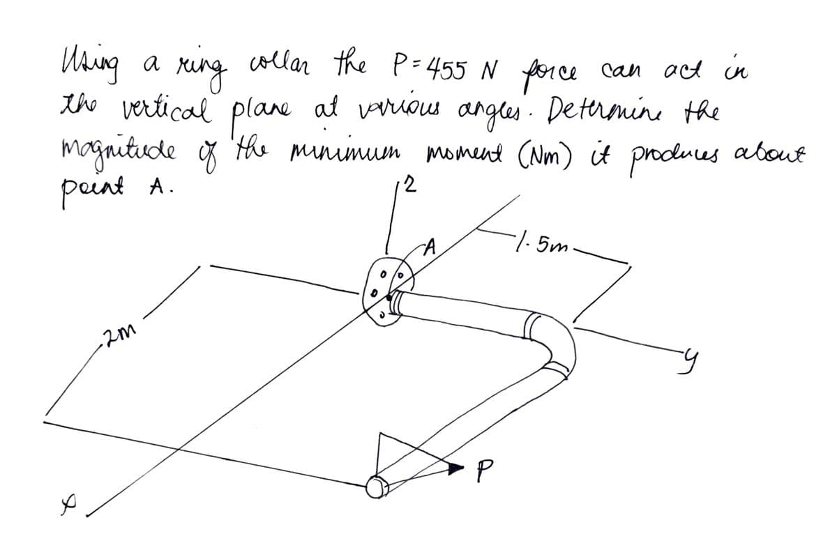 Uaing a
the vertical
xing collar the P=455 N force can act in
at vrious
plane
magnitude g the minimum moment (Nm) it
peent A.
angles. Detrmine the
preduces
about
12
1. 5m
-2m
P
