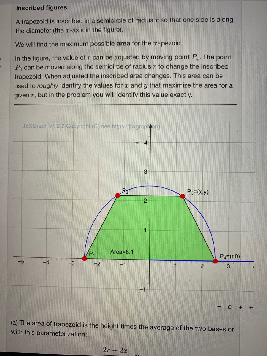 Inscribed figures
A trapezoid is inscribed in a semicircle of radius r so that one side is along
the diameter (the x-axis in the figure).
We will find the maximum possible area for the trapezoid.
In the figure, the value of r can be adjusted by moving point P4. The point
P3 can be moved along the semicirce of radius r to change the inscribed
trapezoid. When adjusted the inscribed area changes. This area can be
used to roughly identify the values for x and y that maximize the area for a
given r, but in the problem you will identify this value exactly.
UsXGraph v1.2.2 Copyright (C) see https://jsxgraporg
P3=(x,y)
Area=8.1
P1
P4-(r,0)
-4
-3
-1
3
-1
- O + +
(a) The area of trapezoid is the height times the average of the two bases or
with this parameterization:
2r +2x
