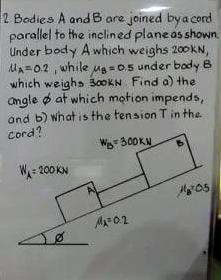 2 Bodies A and B ore joined bya cord
parallel to the inclined planeas shown.
Under body A which weighs 200KN,
Ma=02 , while ug-0.5 under body B
which weighs 30OKN. Find a) the
angle o at which motion impends,
and b) whatis the tension T in the
Cord?
W 300KN
W= 200 KN
