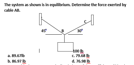 The system as shown is in equilibrium. Determine the force exerted by
cable AB.
45°
30°
|
100 lb.
c. 79.68 Ib
a. 89.67lb
b. 86.97 lb
d. 76.98 Ib
B.
