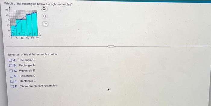 Which of the rectangles below are right rectangles?
AY
25-
20
15
10
BC
5 10 15 20 25
UU
2
Select all of the right rectangles below.
A. Rectangle C
B. Rectangle A
C. Rectangle E
D. Rectangle D
E. Rectangle B
F. There are no right rectangles.
ACCO