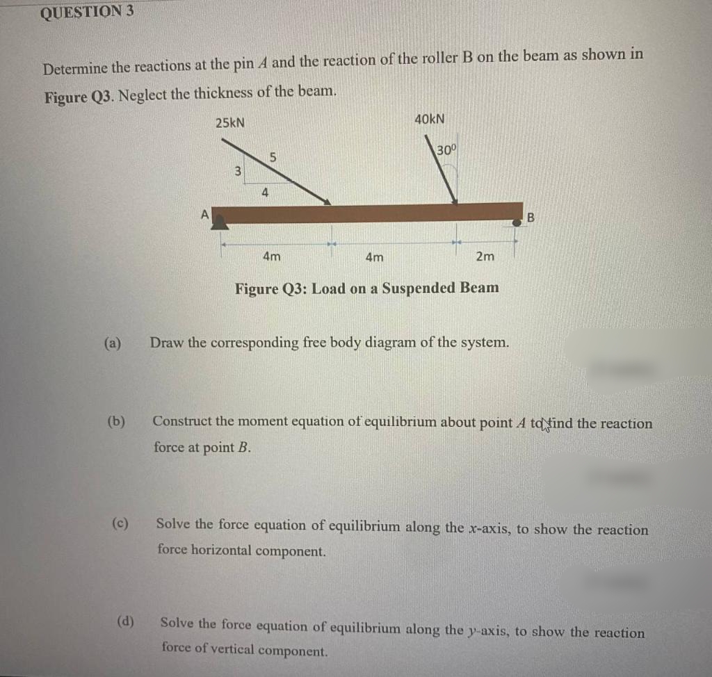 QUESTION 3
Determine the reactions at the pin A and the reaction of the roller B on the beam as shown in
Figure Q3. Neglect the thickness of the beam.
25kN
40KN
300
B
4m
4m
2m
Figure Q3: Load on a Suspended Beam
(a)
Draw the corresponding free body diagram of the system.
(b)
Construct the moment equation of equilibrium about point A td tind the reaction
force at point B.
(c)
Solve the force equation of equilibrium along the x-axis, to show the reaction
force horizontal component.
(d)
Solve the force equation of equilibrium along the y-axis, to show the reaction
force of vertical component.
