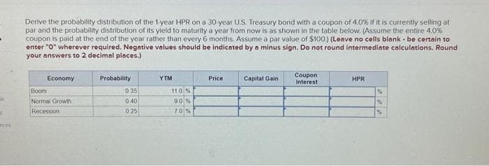 d
inces
Derive the probability distribution of the 1-year HPR on a 30-year U.S. Treasury bond with a coupon of 4.0% if it is currently selling at
par and the probability distribution of its yield to maturity a year from now is as shown in the table below. (Assume the entire 4.0%
coupon is paid at the end of the year rather than every 6 months. Assume a par value of $100.) (Leave no cells blank - be certain to
enter "0" wherever required. Negative values should be indicated by a minus sign. Do not round intermediate calculations. Round
your answers to 2 decimal places.)
Economy
Boom
Normal Growth
Recession
Probability
0 35
0.40
0 25
YTM
11.0%
90%
70%
Price
Capital Gain
Coupon
Interest
HPR
%
%