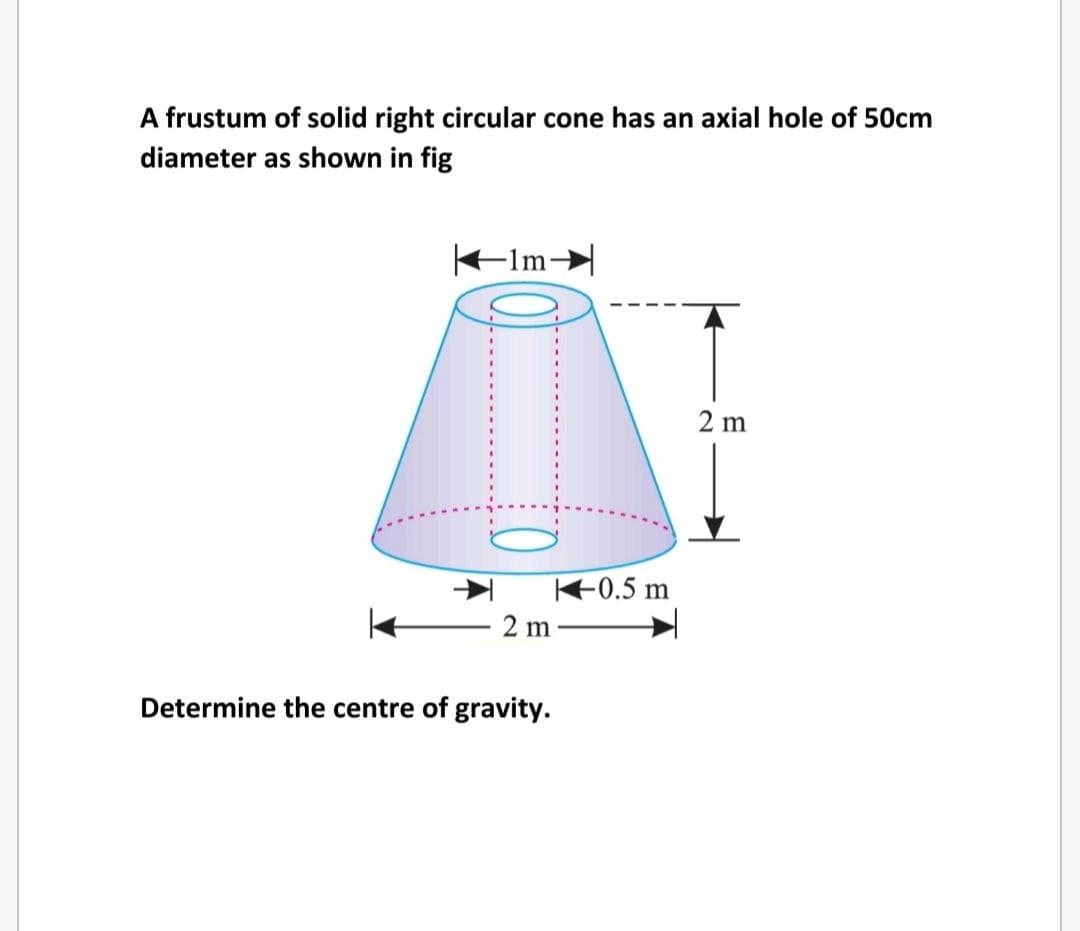 A frustum of solid right circular cone has an axial hole of 50cm
diameter as shown in fig
F1m-
2 m
+0.5 m
2 m
Determine the centre of gravity.
