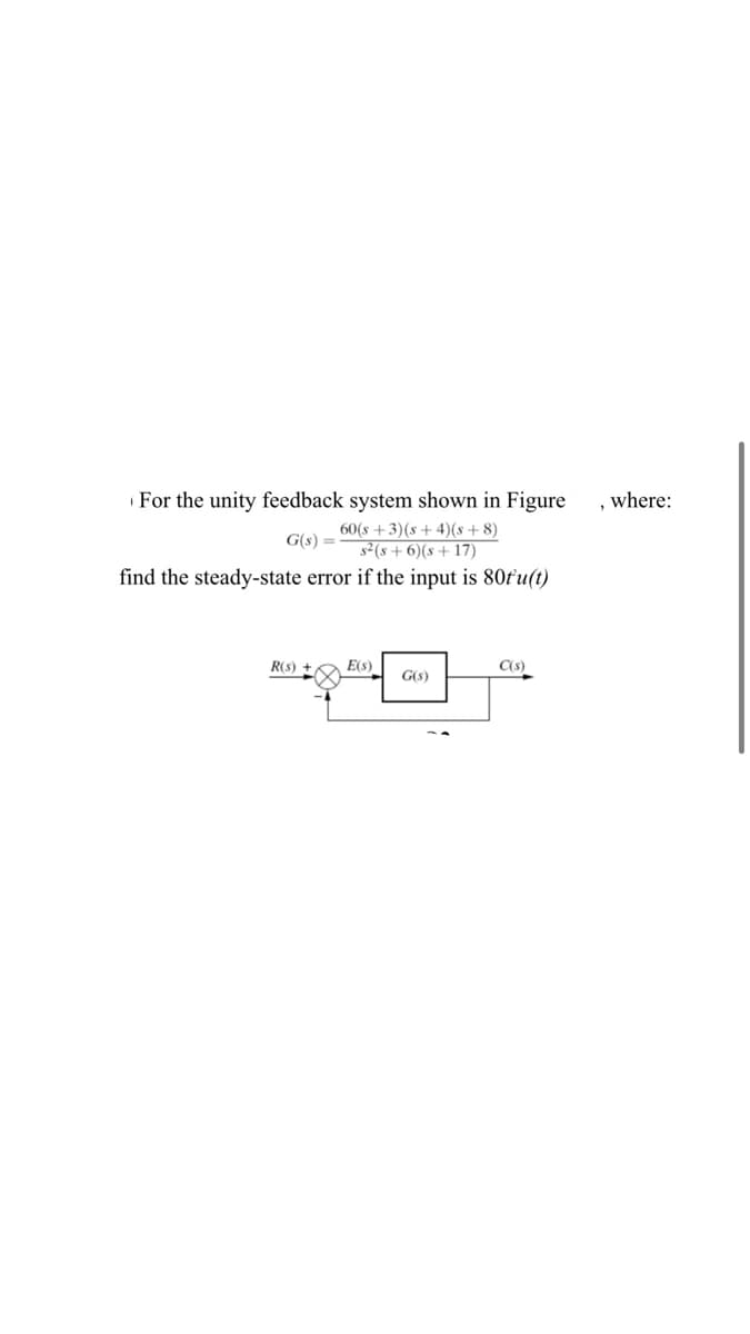 For the unity feedback system shown in Figure
, where:
60(s +3)(s+4)(s+ 8)
G(s) =-
32(s + 6)(s + 17)
find the steady-state error if the input is 80fu(t)
R(s) +
E(s)
C(s)
G(s)
