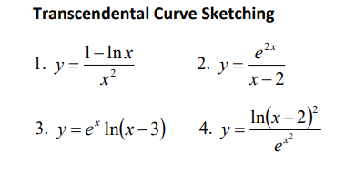 Transcendental Curve Sketching
1-lnx
1. y=
2. y=
e2x
x-2
x²
In(x - 2)²
3. y=e* ln(x-3)
4. y=