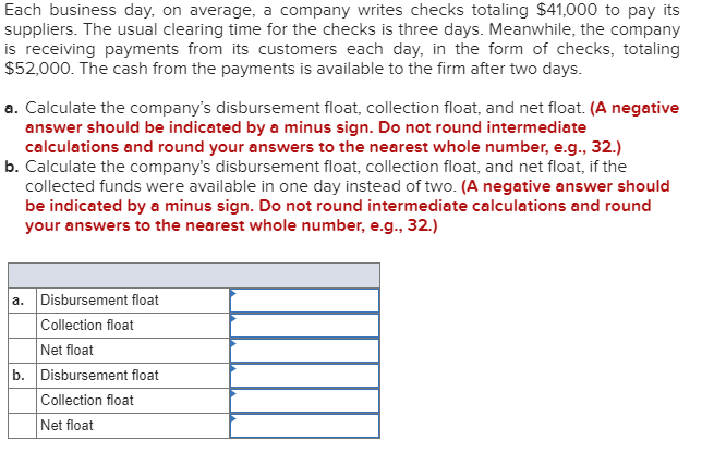 Each business day, on average, a company writes checks totaling $41,000 to pay its
suppliers. The usual clearing time for the checks is three days. Meanwhile, the company
is receiving payments from its customers each day, in the form of checks, totaling
$52,000. The cash from the payments is available to the firm after two days.
a. Calculate the company's disbursement float, collection float, and net float. (A negative
answer should be indicated by a minus sign. Do not round intermediate
calculations and round your answers to the nearest whole number, e.g., 32.)
b. Calculate the company's disbursement float, collection float, and net float, if the
collected funds were available in one day instead of two. (A negative answer should
be indicated by a minus sign. Do not round intermediate calculations and round
your answers to the nearest whole number, e.g., 32.)
