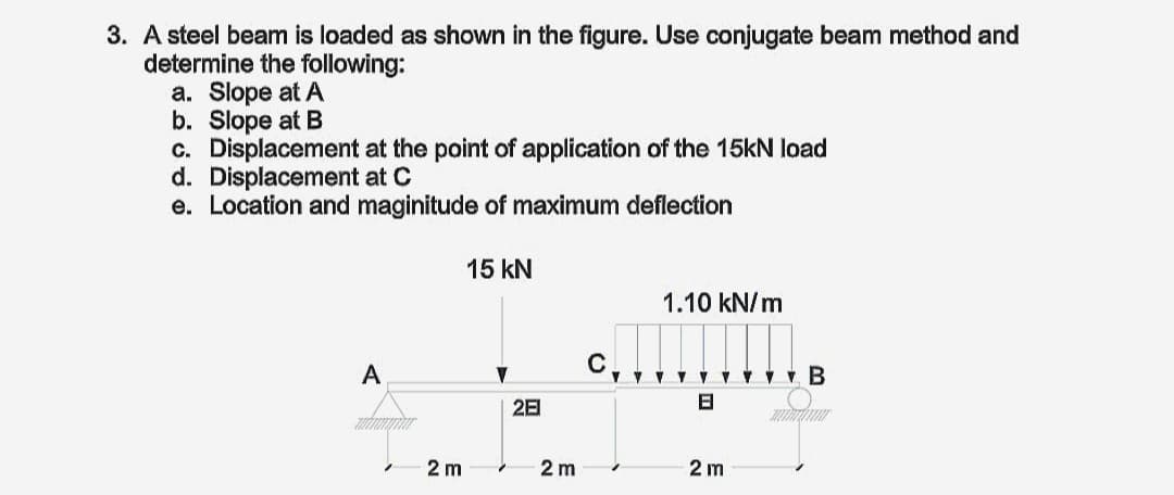 3. A steel beam is loaded as shown in the figure. Use conjugate beam method and
determine the following:
а. Slope at A
b. Slope at B
c. Displacement at the point of application of the 15kN load
d. Displacement at C
e. Location and maginitude of maximum deflection
15 kN
1.10 kN/m
A
2 m
2 m
2 m
