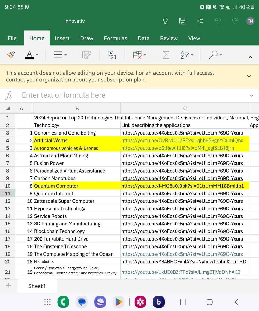 9:04 W
Innovativ
ON YO40 40%
File
Home Insert Draw Formulas
Data Review View
-
123
Σ
P▾ ٥٠
This account does not allow editing on your device. For an account with full access,
contact your organization about your subscription plan.
fx
Enter text or formula here
A
B
TN
>
9
10
11
1234567822222222222+
19
20
2024 Report on Top 20 Technologies That Influence Management Decisions on Individual, National, Reg
Technology
App
1 Genomics and Gene Editing
3 Artificial Woms
3 Autonomous vehicles & Drones
4 Astroid and Moon Mining
5 Fusion Power
6 Personalized Virtual Assisstance
7 Carbon Nanotubes
8 Quantum Computer
9 Quantum Internet
10 Zattascale Super Computer
11 Hypersonic Technology
12 Service Robots
13 3D Printing and Manufacturing
14 Blockchain Technology
17 200 Teri\abite Hard Drive
18 The Einsteine Telescope
Link describing the applications
https://youtu.be/4XoEcs0k5mA?si=eULoLmP69C-Yxurs
https://youtu.be/O2RlvJ1U7RE?si=qhb8B8gnYC6mlQhx
https://youtu.be/o6tRewiT118?si=dM4l_cgISEBT8jrn
https://youtu.be/4XoEcs0k5mA?si=eULoLmP69C-Yxurs
https://youtu.be/4XoEcs0k5mA?si=eULoLmP69C-Yxurs
https://youtu.be/4XoEcs0k5mA?si=eULoLmP69C-Yxurs
https://youtu.be/4XoEcs0k5mA?si=eULoLmP69C-Yxurs
https://youtu.be/J-MG8a0J0bk?si=01trUmMM18Bmldp1
https://youtu.be/4XoEcs0k5mA?si=eULoLmP69C-Yxurs
https://youtu.be/4XoEcs0k5mA?si=eULoLmP69C-Yxurs
https://youtu.be/4XoEcs0k5mA?si=eULoLmP69C-Yxurs
https://youtu.be/4XoEcs0k5mA?si=eULoLmP69C-Yxurs
https://youtu.be/4XoEcs0k5mA?si=eULoLmP69C-Yxurs
https://youtu.be/4XoEcs0k5mA?si=eULoLmP69C-Yxurs
https://youtu.be/4XoEcs0k5mA?si=eULoLmP69C-Yxurs
https://youtu.be/4XoEcs0k5mA?si=eULoLmP69C-Yxurs
19 The Complete Mapping of the Ocean https://youtu.be/4XoEcs0k5mA?si=eULoLmP69C-Yxurs
18 Necrobotics
https://youtu.be/Y8ABHOFynIA?si=NyhcwTepbnKnLmHD
Green/Renewable Energy::Wind, Solar,
19 Geothermal, Hydroelectric, Sand batteries, Gravity https://youtu.be/1kUEOBZtTRc?si=JLlmg2TjVdDNhAK2
Sheet1
G
b