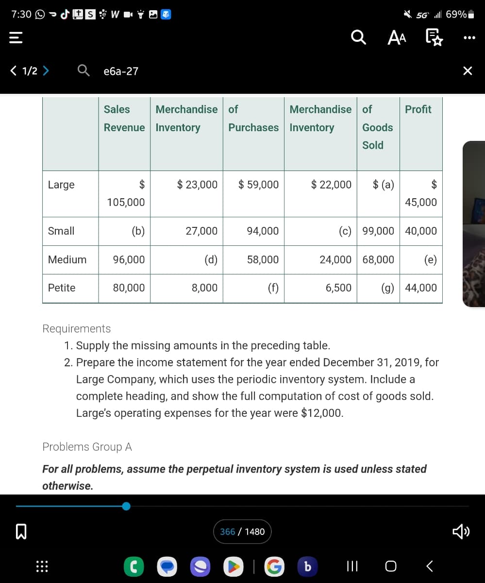 7:30 S&WYDO
< 1/2 >
□
Large
Small
:::
Medium
Petite
еба-27
Sales
Revenue Inventory
$
105,000
(b)
96,000
Merchandise of
80,000
$ 23,000
27,000
со
(d)
8,000
Purchases Inventory
$ 59,000
94,000
58,000
(f)
QAA
Merchandise of
366/ 1480
Goods
Sold
$ 22,000 $ (a)
5G l 69%
Ę
24,000 68,000
Profit
45,000
(c) 99,000 40,000
Requirements
1. Supply the missing amounts in the preceding table.
2. Prepare the income statement for the year ended December 31, 2019, for
Large Company, which uses the periodic inventory system. Include a
complete heading, and show the full computation of cost of goods sold.
Large's operating expenses for the year were $12,000.
Problems Group A
For all problems, assume the perpetual inventory system is used unless stated
otherwise.
6,500 (g) 44,000
IG b III O <
×