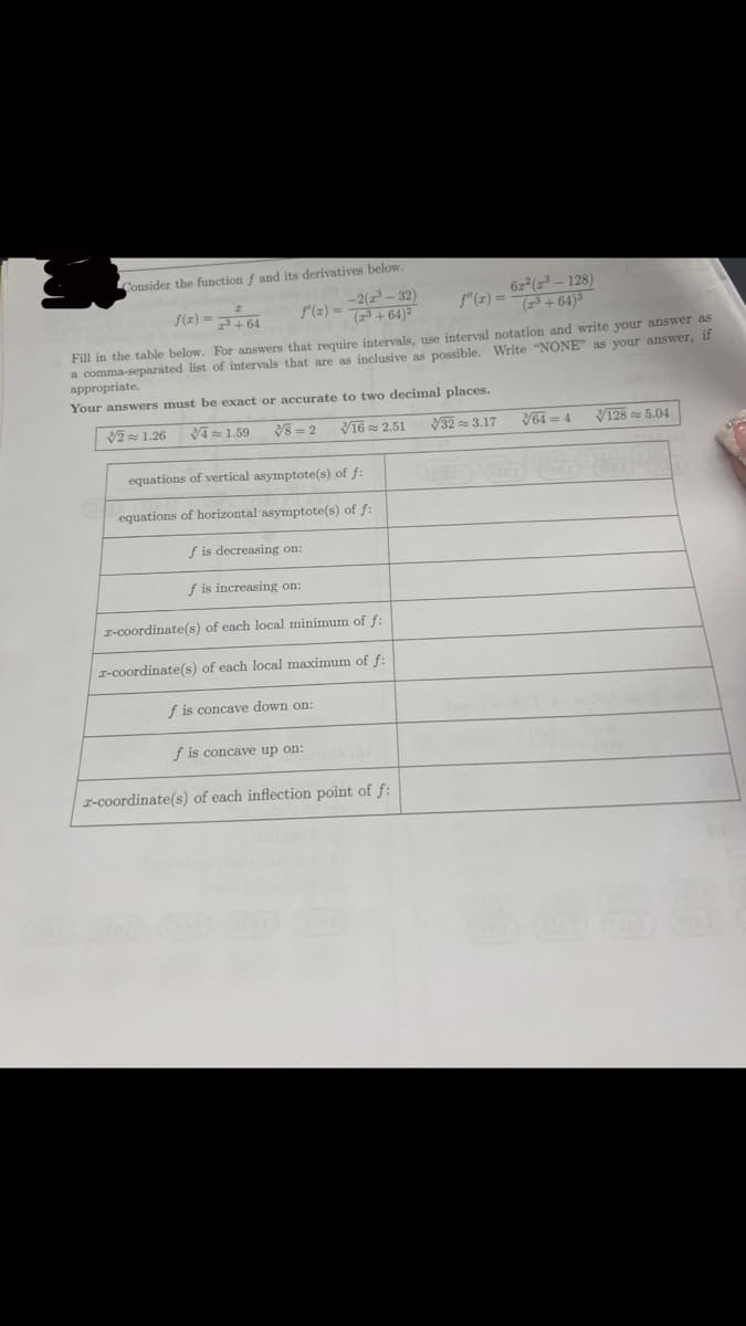 Consider the function f and its derivatives below.
f'(x) = -2(2³-32)
(³+64)²
6x²(³-128)
(3+64)3
f"(x) =
f(x) = 3 +64
Fill in the table below. For answers that require intervals, use interval notation and write your answer as
a comma-separated list of intervals that are as inclusive as possible. Write "NONE" as your answer, if
appropriate.
Your answers must be exact or accurate to two decimal places.
2 1.26
38=2
4 1.59
16 2.51
√32 3.17
equations of vertical asymptote(s) of f:
equations of horizontal asymptote(s) of f:
f is decreasing on:
f is increasing on:
z-coordinate(s) of each local minimum of f:
z-coordinate(s) of each local maximum of f:
f is concave down on:
f is concave up on: 01
x-coordinate(s) of each inflection point of f:
√64=4
128 5.04
Sin den Ja