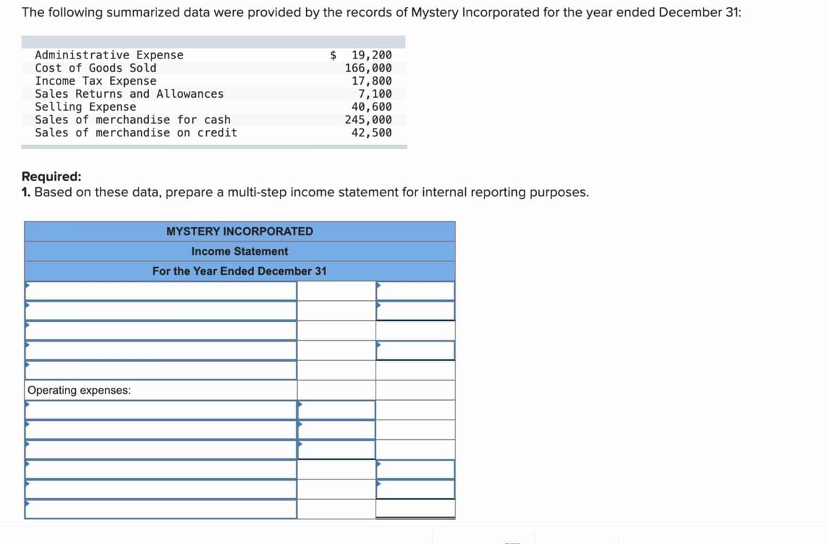 The following summarized data were provided by the records of Mystery Incorporated for the year ended December 31:
Administrative Expense
Cost of Goods Sold
Income Tax Expense
$
19,200
166,000
17,800
Sales Returns and Allowances
7,100
Selling Expense
40,600
Sales of merchandise for cash
Sales of merchandise on credit
245,000
42,500
Required:
1. Based on these data, prepare a multi-step income statement for internal reporting purposes.
Operating expenses:
MYSTERY INCORPORATED
Income Statement
For the Year Ended December 31