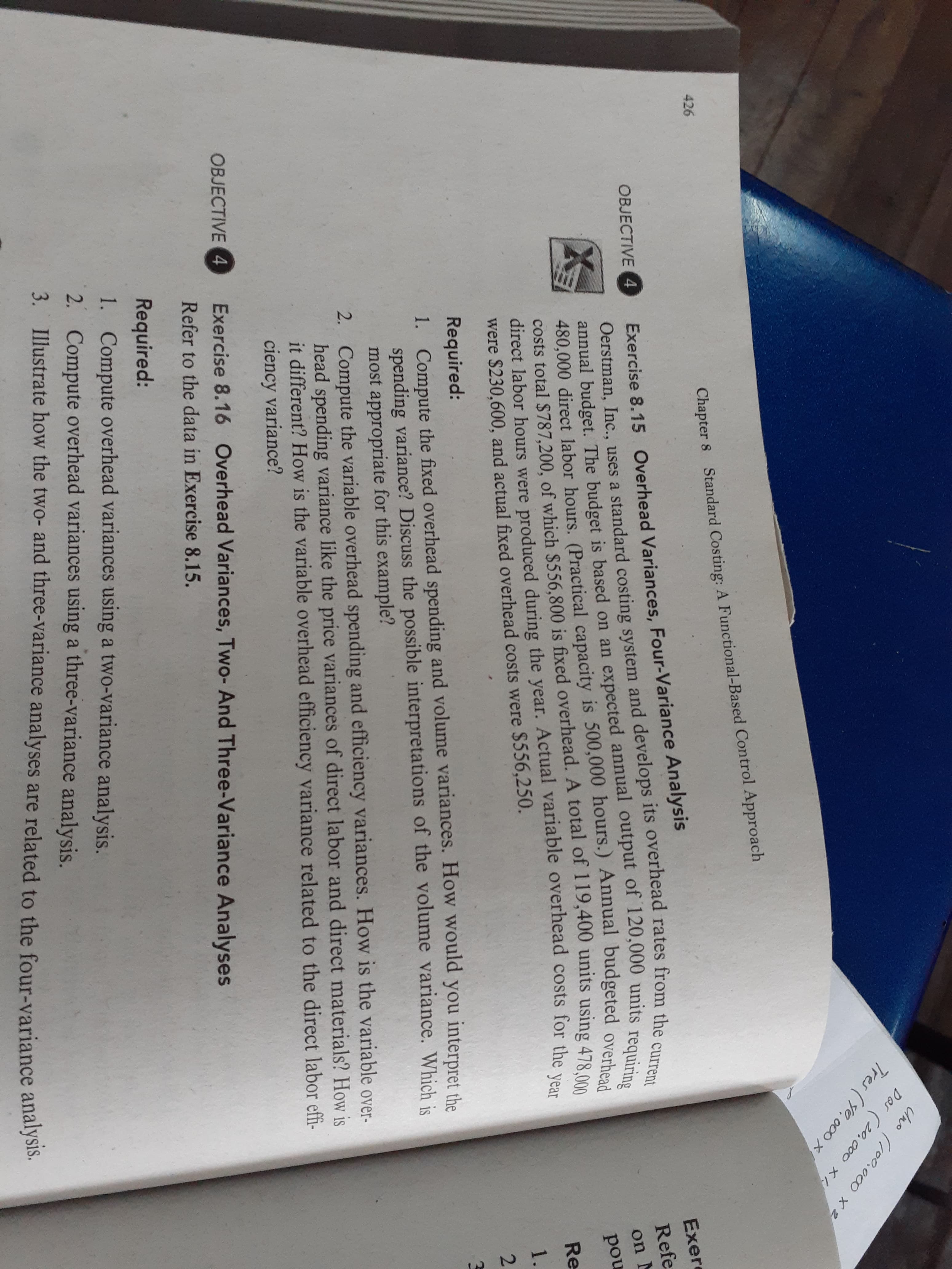 Uno (100.000 x 2
Dos (20,000 X
Tres (90, 000 x
Chapter 8
Standard Costing: A Functional-Based Control Approach
426
Exere
Exercise 8.15 Overhead Variances, Four-Variance Analysis
Oerstman, Inc., uses a standard costing system and develops its overhead rates from the
annual budget. The budget is based on an expected annual output of 120,000 units requiring
480,000 direct labor hours. (Practical capacity is 500,000 hours.) Annual budgeted overhead
costs total $787,200, of which $556,800 is fixed overhead. A total of 119,400 units using 478,000
Refe
OBJECTIVE 4
on N
pou
direct labor hours were produced during the year. Actual variable overhead costs for the ve
were $230,600, and actual fixed overhead costs were $556,250.
Re
year
1.
2.
Required:
1. Compute the fixed overhead spending and volume variances. How would you interpret the
spending variance? Discuss the possible interpretations of the volume variance. Which is
most appropriate for this example?
2. Compute the variable overhead spending and efficiency variances. How is the variable over-
head spending variance like the price variances of direct labor and direct materials? How is
it different? How is the variable overhead efficiency variance related to the direct labor effi-
ciency variance?
OBJECTIVE 4
Exercise 8.16
Overhead Variances, Two- And Three-Variance Analyses
Refer to the data in Exercise 8.15.
Required:
1. Compute overhead variances using a two-variance analysis.
2. Compute overhead variances using a three-variance analysis.
3. Illustrate how the two- and three-variance analyses are related to the four-variance analysis,
