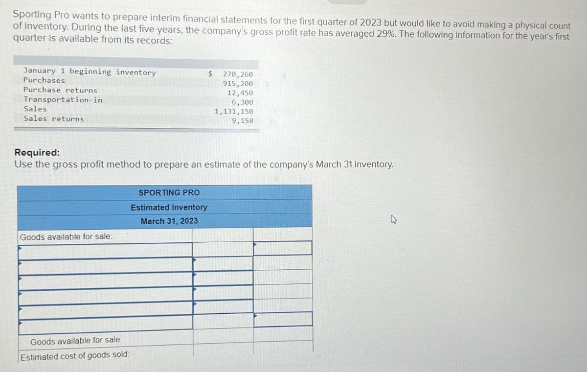 Sporting Pro wants to prepare interim financial statements for the first quarter of 2023 but would like to avoid making a physical count
of inventory. During the last five years, the company's gross profit rate has averaged 29%. The following information for the year's first
quarter is available from its records:
January 1 beginning inventory
Purchases
Purchase returns
Transportation-in
Sales
Sales returns
$ 270,260
915,200
12,450
6,300
1,131,150
9,150
Required:
Use the gross profit method to prepare an estimate of the company's March 31 inventory.
Goods available for sale:
SPORTING PRO
Estimated Inventory
March 31, 2023
Goods available for sale
Estimated cost of goods sold: