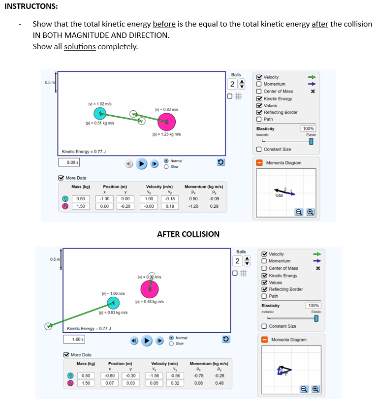 INSTRUCTONS:
Show that the total kinetic energy before is the equal to the total kinetic energy after the collision
IN BOTH MAGNITUDE AND DIRECTION.
Show all solutions completely.
0.5 m
0.5 m
Kinetic Energy = 0.77 J
0.00 s
More Data
(1)
v=1.02 m/s
Ipl -0.51 kgm/s
0.50
1.50
Mass (kg)
✔More Data
Mass (kg)
Position (m)
X
y
0.00
-0.20
0.50
1.50
-1.00
0.60
Kinetic Energy = 0.77 J
1.00 s
M=1.66 m/s
Ipl - 0.83 kg mis
Position (m)
y
X
-0.80
0.07
-0.30
0.03
v=0.82 m/s
Ipl = 1.23 kg m/s
1.00
-0.80
Velocity (m/s)
Vy
-0.18
0.19
Normal
Slow
M=0,32 m/s
Ipl -0.48 kg mis
AFTER COLLISION
Momentum (kg m/s)
Px
0.50
-1.20
Normal
Slow
Velocity (m/s)
Vx
-1.56 -0.56
0.05
0.32
Py
-0.09
0.29
Q
Momentum (kg m/s)
Px
-0.78
0.08
Py
-0.28
0.48
Balls
2
Balls
2
#0
OOR
OQE
Velocity
Momentum
Center of Mass
Kinetic Energy
Values
Reflecting Border
Path
Elasticity
Inelastic
Constant Size
Momenta Diagram
OQQQOOK
total
Velocity
Momentum
Center of Mass
Kinetic Energy
Values
Reflecting Border
Path
Elasticity
Inelastic
Constant Size
100%
↑↑*
Elastic
Momenta Diagram
↑ ↑ *
100%
-0