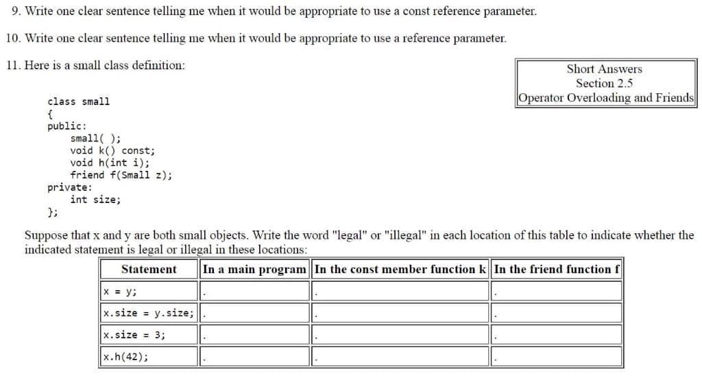 9. Write one clear sentence telling me when it would be appropriate to use a const reference parameter.
10. Write one clear sentence telling me when it would be appropriate to use a reference parameter.
11. Here is a small class definition:
Short Answers
Section 2.5
class small
Operator Overloading and Friends
{
public:
small( );
void k() const;
void h(int i);
friend f(Small z);
private:
int size;
};
Suppose that x and y are both small objects. Write the word "legal" or "illegal" in each location of this table to indicate whether the
indicated statement is legal or illegal in these locations:
Statement
In a main program In the const member function k In the friend function f
x = y;
x.size = y.size;.
x.size 3;
x.h(42);
