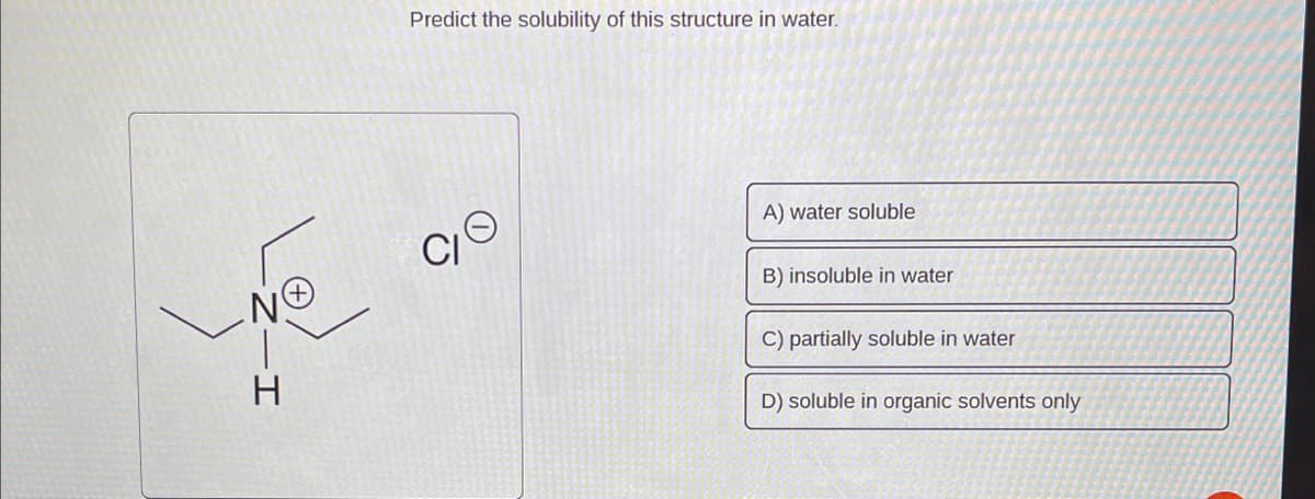 H
Predict the solubility of this structure in water.
CI
A) water soluble
B) insoluble in water
C) partially soluble in water
D) soluble in organic solvents only