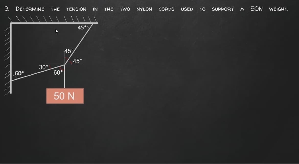 3.
DETERMINE
THE
TENSION
IN
THE
TWO
NYLON
CORDS
USED
TO
SUPPORT
A
5ON
WEIGHT.
45°
45%
45°
30°
60°
60°
50 N
