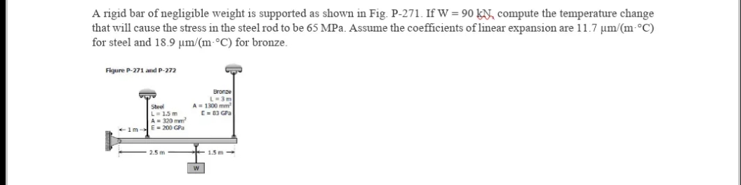 A rigid bar of negligible weight is supported as shown in Fig. P-271. If W = 90 kN, compute the temperature change
that will cause the stress in the steel rod to be 65 MPa. Assume the coefficients of linear expansion are 11.7 um/(m-°C)
for steel and 18.9 µm/(m-°C) for bronze.
Figure P-271 and P-272
Bronze
L=3m
A- 1300 mm
E= 83 Gra
Steel
L- 1.5 m
A= 320 mm
E = 200 GPa
-1m-
2.5 m
1.5m
w
