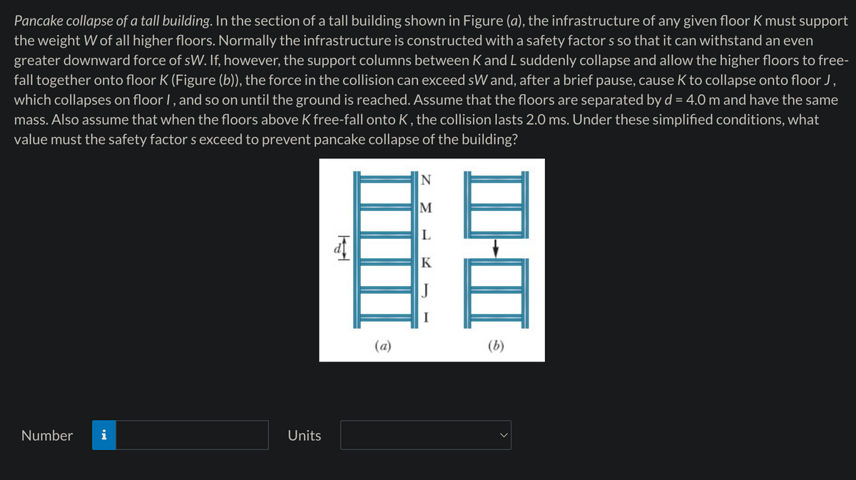 Pancake collapse of a tall building. In the section of a tall building shown in Figure (a), the infrastructure of any given floor K must support
the weight W of all higher floors. Normally the infrastructure is constructed with a safety factor s so that it can withstand an even
greater downward force of sW. If, however, the support columns between K and L suddenly collapse and allow the higher floors to free-
fall together onto floor K (Figure (b)), the force in the collision can exceed sW and, after a brief pause, cause K to collapse onto floor J,
which collapses on floor I, and so on until the ground is reached. Assume that the floors are separated by d = 4.0 m and have the same
mass. Also assume that when the floors above K free-fall onto K, the collision lasts 2.0 ms. Under these simplified conditions, what
value must the safety factor s exceed to prevent pancake collapse of the building?
KI
N
M
L
K
11-11
Number
Units
(a)
(b)