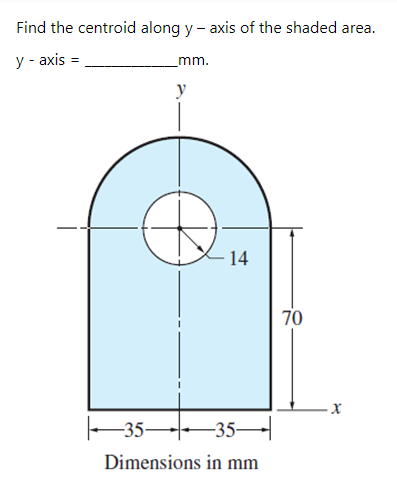 Find the centroid along y - axis of the shaded area.
у -ахis D
mm.
y
14
70
-35--35–
Dimensions in mm
