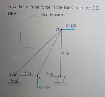 Find the internal force in the truss member DB.
KN, Tension
DB=
10 kN
B.
6 m
3 m
3 m
D.
bod
60 kN
