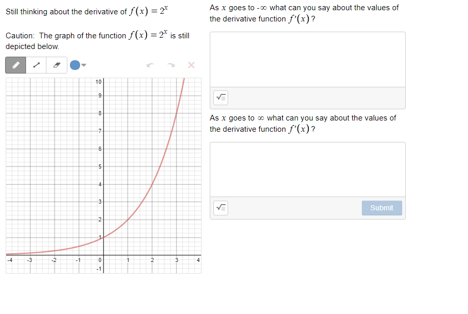 As x goes to -0 what can you say about the values of
Still thinking about the derivative of f(x) = 2*
the derivative function f'(x)?
Caution: The graph of the function f(x) = 2* is still
depicted below.
10
9
As x goes to o what can you say about the values of
the derivative function f'(x)?
-7
5-
-4
-3
Submit
2
-4
-3
-2
-1
4
-1
6.
