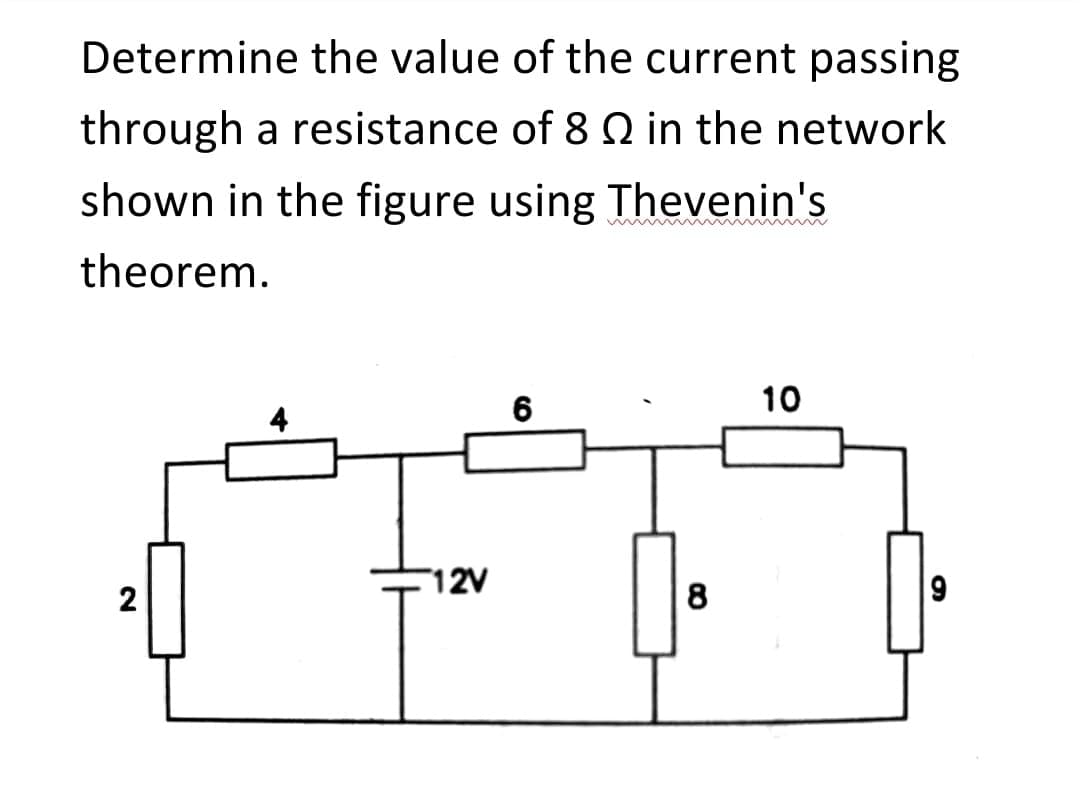 Determine the value of the current passing
through a resistance of 8 2 in the network
shown in the figure using Thevenin's
theorem.
2
4
12V
6
8
10
9