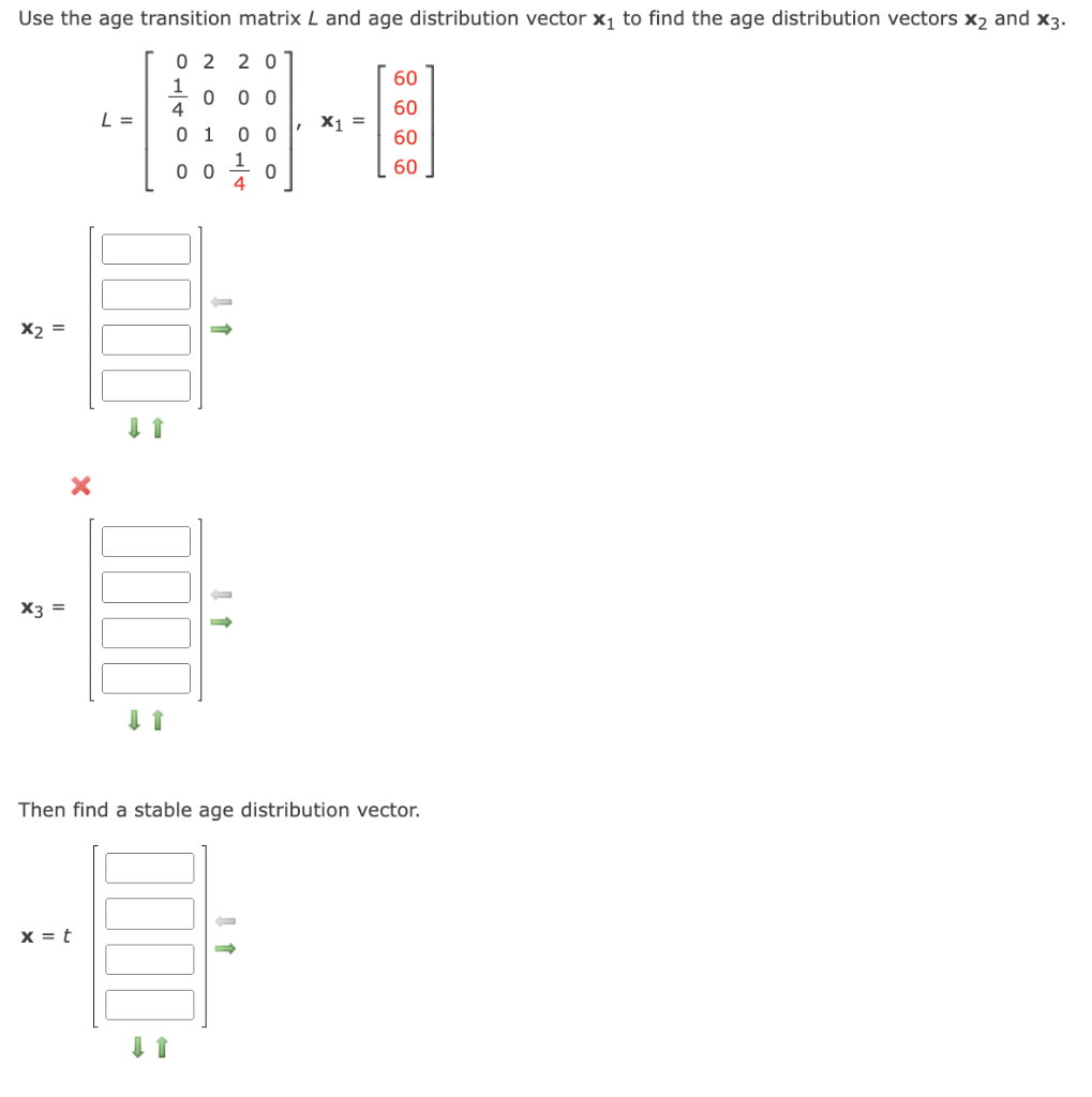 Use the age transition matrix L and age distribution vector x₁ to find the age distribution vectors x₂ and x3.
02 201
0 0
00
0
x2 =
X3 =
L =
x = t
↓ 1
4
0
↓ ↑
0
1
00
, x1 =
Then find a stable age distribution vector.
60
60
60
60