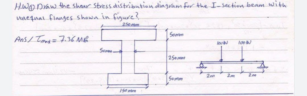 H.WODraw the shear Stress distribution diagvam for the I-Section beam with
unequal flanges shown in figure?
250mm
Somm
Ans/ Tmat=7.36 MB
loow
100W
Somm
250mm
2m
2m
2m
Somm
150 mm
