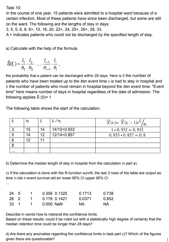 Task 10:
In the course of one year, 15 patients were admitted to a hospital ward because of a
certain infection. Most of these patients have since been discharged, but some are still
on the ward. The following are the lengths of stay in days:
3, 5, 5, 6, 8, 8+, 10, 16, 20, 22+, 24, 25+, 26+, 28, 33.
A+ indicates patients who could not be discharged by the specified length of stay.
a) Calculate with the help of the formula
Ŝ(t)=
4.12.
M₁ M₂
the probability that a patient can be discharged within 28 days. Here is li the number of
patients who have been treated up to the iten event time ti is had to stay in hospital and
li the number of patients who must remain in hospital beyond the iten event time. "Event
time" here means number of days in hospital regardless of the date of admission. The
following applies $ (0)= 1
The following table shows the start of the calculation.
ti
3
5
6
8
...
n₁
15
14
12
1-1. li
n₁-1 n₁
li
24 5
1
28 2
1
33 1 1
14
12
11
li/ni
14/15=0.933
12/14=0.857
b) Determine the median length of stay in hospital from the calculation in part a).
c) If the calculation is done with the R-function survfit, the last 3 rows of the table are output as:
time n.risk n.event survival std.err lower 95% CI upper 95% CI
0.356 0.1325
0.178 0.1421
0.000 NAN
S(t₁)= S(t₁-1).¹¹n₁
1.0.933 0.933
0.933 0.8570.8
0.1713
0.0371
ΝΑ
0.738
0.852
ΝΑ
Describe in words how to interpret the confidence limits.
Based on these results, could it be ruled out with a statistically high degree of certainty that the
median retention time could be longer than 28 days?
d) Are there any anomalies regarding the confidence limits in task part c)? Which of the figures
given there are questionable?