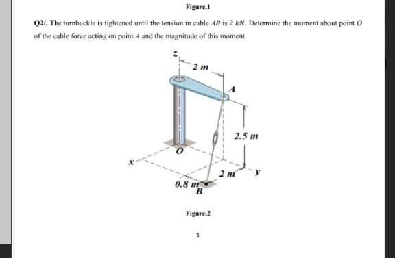 Figure.l
Q21. The turnbuckle is tightened until the tension in cuble AB is 2 kN. Determine the moment about point O
of the cable force acting on point 4 and the magnitude of this moment.
2.5 m
2 m
0.8 m
Figure.2
