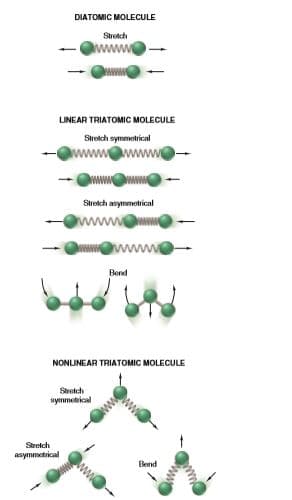 DIATOMIC MOLECULE
Stretch
LINEAR TRIATOMIC MOLECULE
Streich symmetrical
wwwAww
Strekch asymmetrical
www
Bend
NONLUNEAR TRIATOMIC MOLECULE
Strotch
symmetical
Strelch
asymmetrical
Bend
