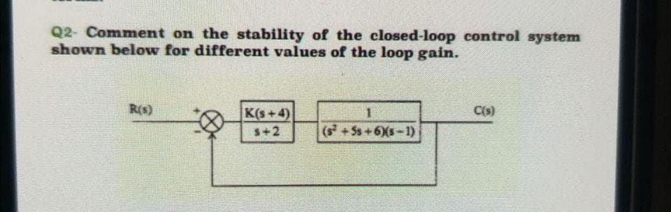 Q2- Comment on the stability of the closed-loop control system
shown below for different values of the loop gain.
R(s)
K(s + 4)
1
C(s)
s+2
(s+Ss+6Xs-1)
