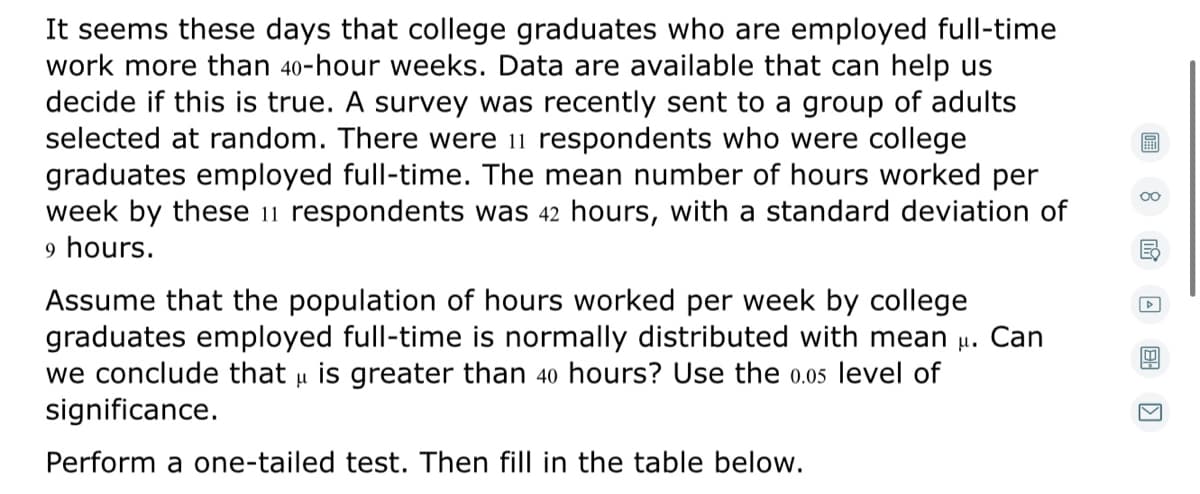 It seems these days that college graduates who are employed full-time
work more than 40-hour weeks. Data are available that can help us
decide if this is true. A survey was recently sent to a group of adults
selected at random. There were 11 respondents who were college
graduates employed full-time. The mean number of hours worked per
week by these 11 respondents was 42 hours, with a standard deviation of
9 hours.
Assume that the population of hours worked per week by college
graduates employed full-time is normally distributed with mean
we conclude that u is greater than 40 hours? Use the o.05 level of
significance.
Can
H.
Perform a one-tailed test. Then fill in the table below.
