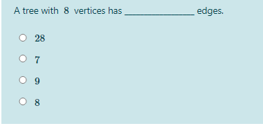 A tree with 8 vertices has
edges.
O 28
8

