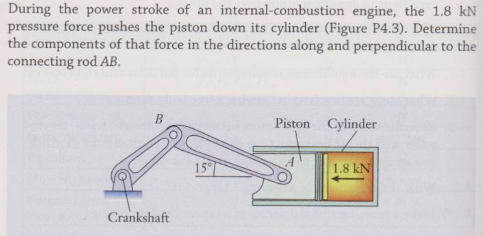 During the power stroke of an internal-combustion engine, the 1.8 kN
pressure force pushes the piston down its cylinder (Figure P4.3). Determine
the components of that force in the directions along and perpendicular to the
connecting rod AB.
Piston
Cylinder
15°
1.8 kN
Crankshaft
