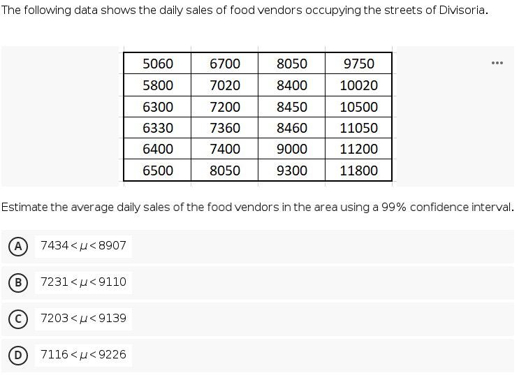 The following data shows the daily sales of food vendors occupying the streets of Divisoria.
5060
6700
8050
9750
...
5800
7020
8400
10020
6300
7200
8450
10500
6330
7360
8460
11050
6400
7400
9000
11200
6500
8050
9300
11800
Estimate the average daily sales of the food vendors in the area using a 99% confidence interval.
A
7434 <u< 8907
(B
7231 <u<9110
7203<u<9139
7116 <u<9226
