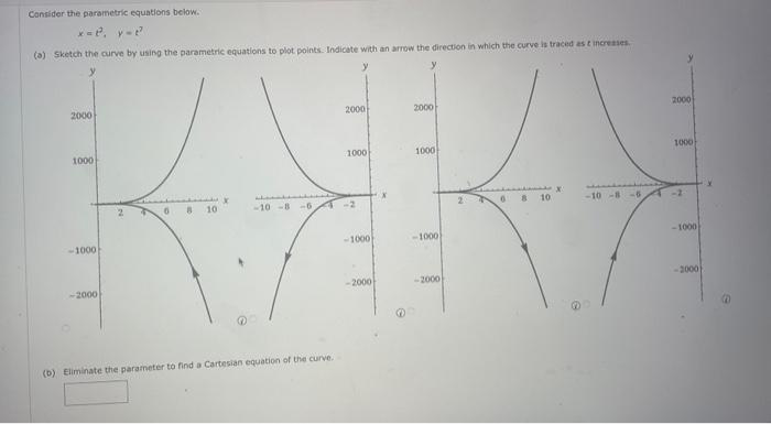 Consider the parametric equations below.
(a) Sketch the curve by using the parametric equations to plot points. Indicate with an arrow the direction in which the curve is traced as t increases.
2000
1000
-1000
-2000
2
6
8 10
x
-10-8
-6
2000
(b) Eliminate the parameter to find a Cartesian equation of the curve.
1000
4-2
-1000)
-2000
2000
1000
-1000
-2000
6
8
10
X
2000
1000
-10-8-6-2
-1000
-2000