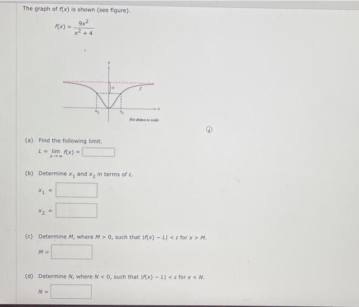 The graph of f(x) is shown (see figure).
9x2
x² + 4
(a) Find the following limit.
L = lim f(x) =
x18
=
f(x)
2₂
M =
(b) Determine x, and x₂ in terms of c.
4
N =
Now drawn to scale
(c) Determine M, where M > 0, such that If(x) - LI < c for x > M.
(d) Determine N, where N < 0, such that If(x) - LI < c for x < N.