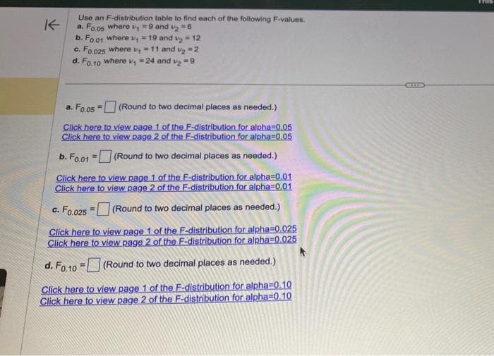 K
Use an F-distribution table to find each of the following F-values.
a. Fo.05 where v₁ =9 and v =6
b. F0.01 where v₁ = 19 and v₂ = 12
c. Fo.025 where v₁ = 11 and v₂ = 2
d. Fo.10 where v₁ =24 and v₂ = 9
a. Fo.05 = (Round to two decimal places as needed.)
Click here to view page 1 of the F-distribution for alpha=0.05
Click here to view page 2 of the F-distribution for alpha=0.05
(Round to two decimal places as needed.)
b. Fo.01 =
Click here to view page 1 of the F-distribution for alpha=0.01
Click here to view page 2 of the F-distribution for alpha=0.01
c. Fo.025
(Round to two decimal places as needed.)
Click here to view page 1 of the F-distribution for alpha=0.025
Click here to view page 2 of the F-distribution for alpha=0.025
d. Fo.10
(Round to two decimal places as needed.)
Click here to view page 1 of the F-distribution for alpha=0.10
Click here to view page 2 of the F-distribution for alpha=0.10